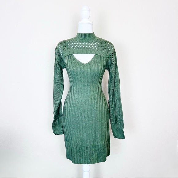 NWT Olive Green Knit Cable Sweater Long Sleeve Cut Out Bolero Mini Dress - Picture 9 of 12